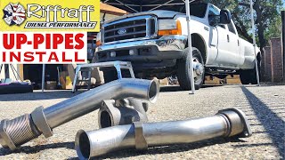 2001 F350 73  RiffRaff UpPipes Install  Stock up pipes leaking and falling apart JUNK SP [upl. by Aicatsue92]